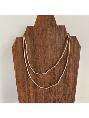 Liquid Silver Sterling Necklace Turquoise Bead Stations 28 Inch Long